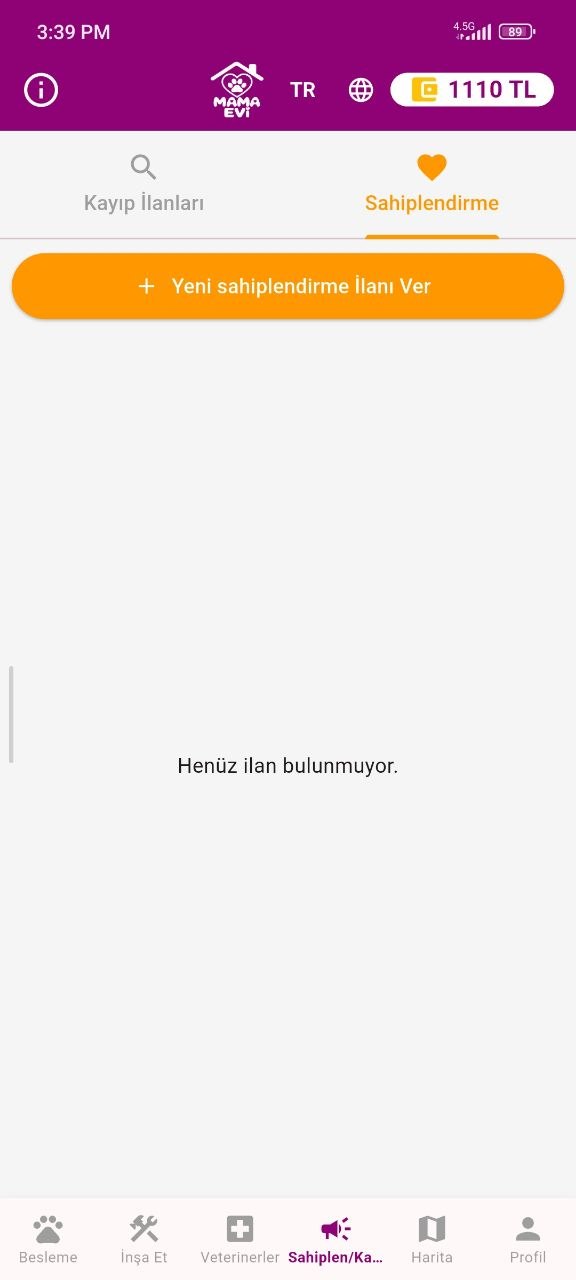 Mama Evi sahiplendirme ekranı