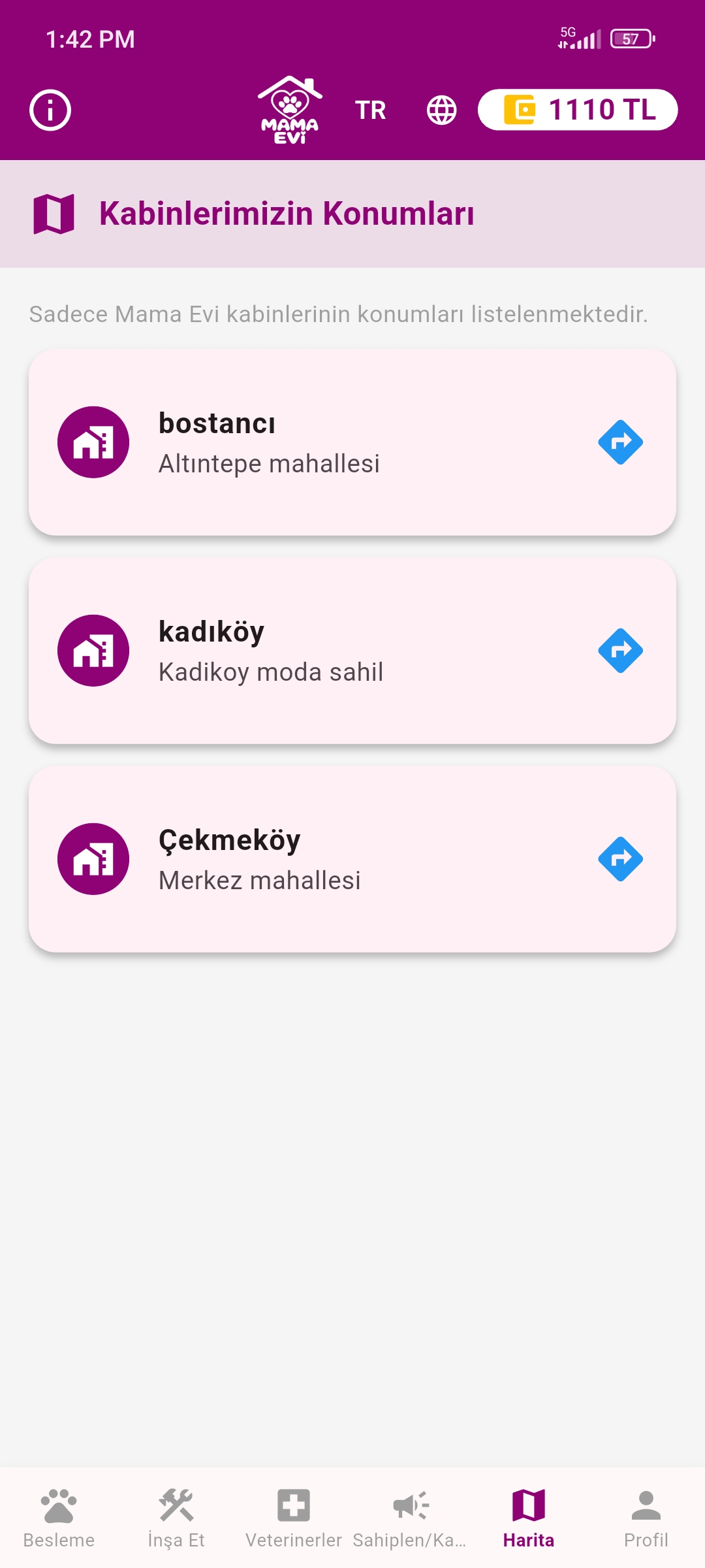 Mama Evi kabin konumları ekranı