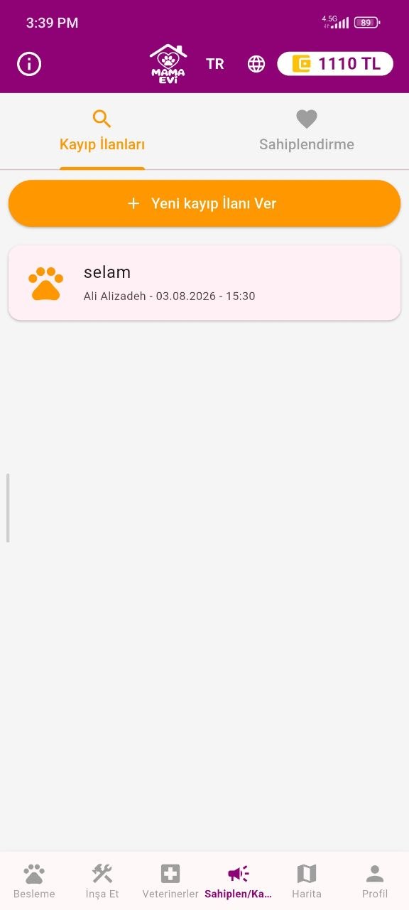 Mama Evi kayıp ilanları ekranı
